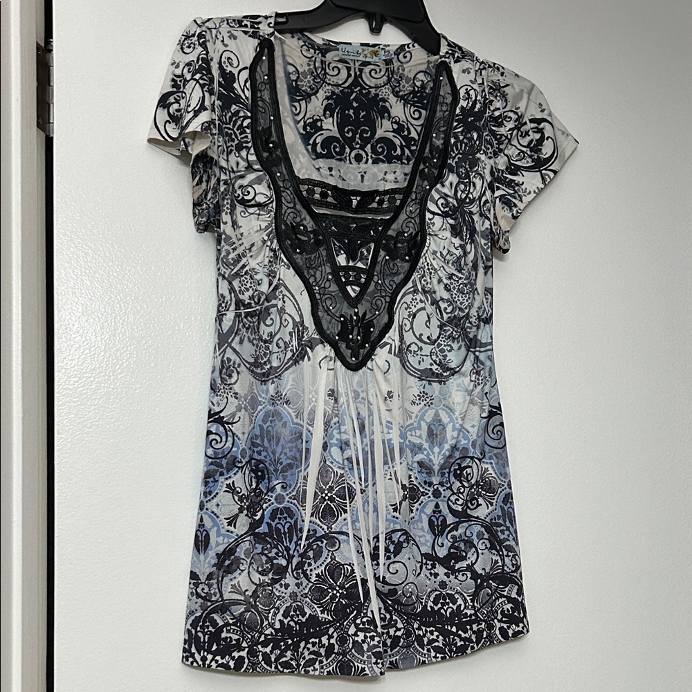 Unity Black White and Blue Print Short Sleeve Top with Embellished V-Neck